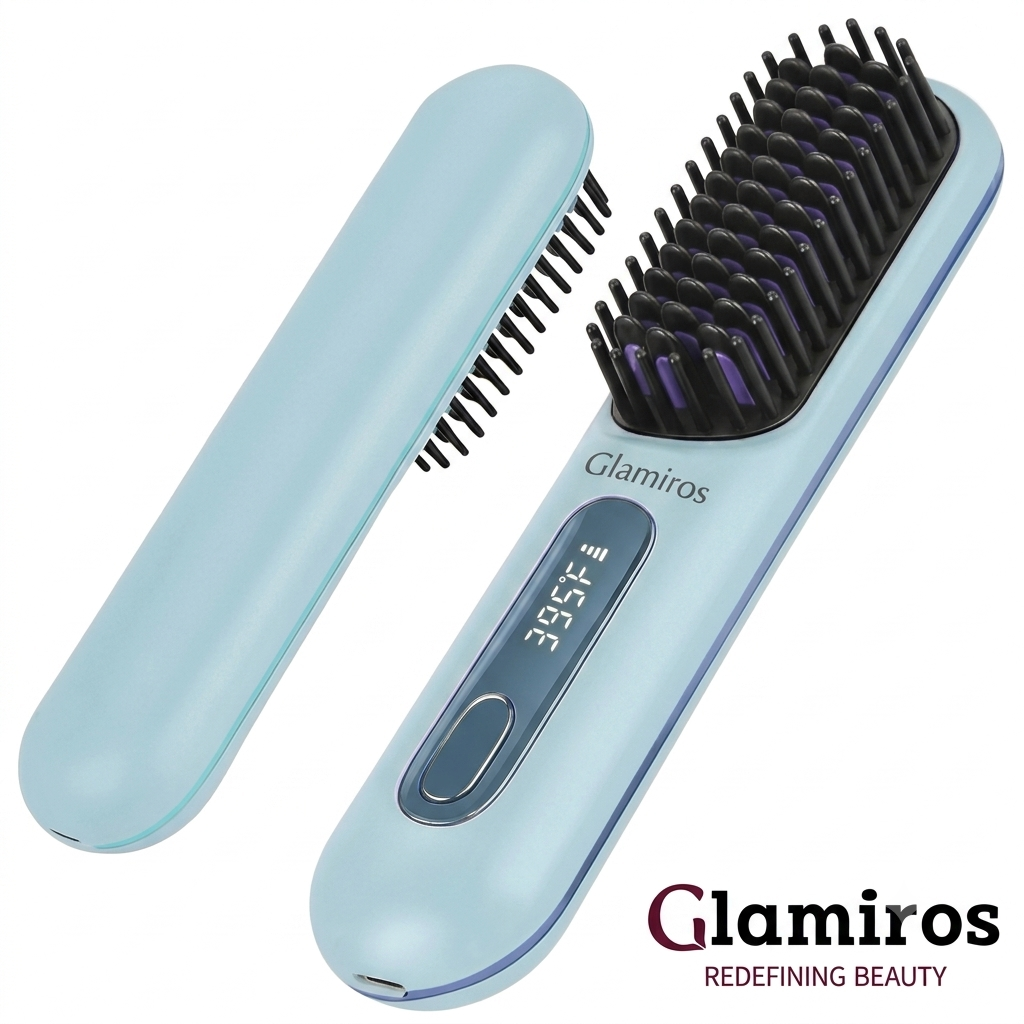 Glamiros| Go Brush Pro Portable Cordless Hair Straightener Brushs for Travel, with 30s Fast Heat, 3 Temperature Settings