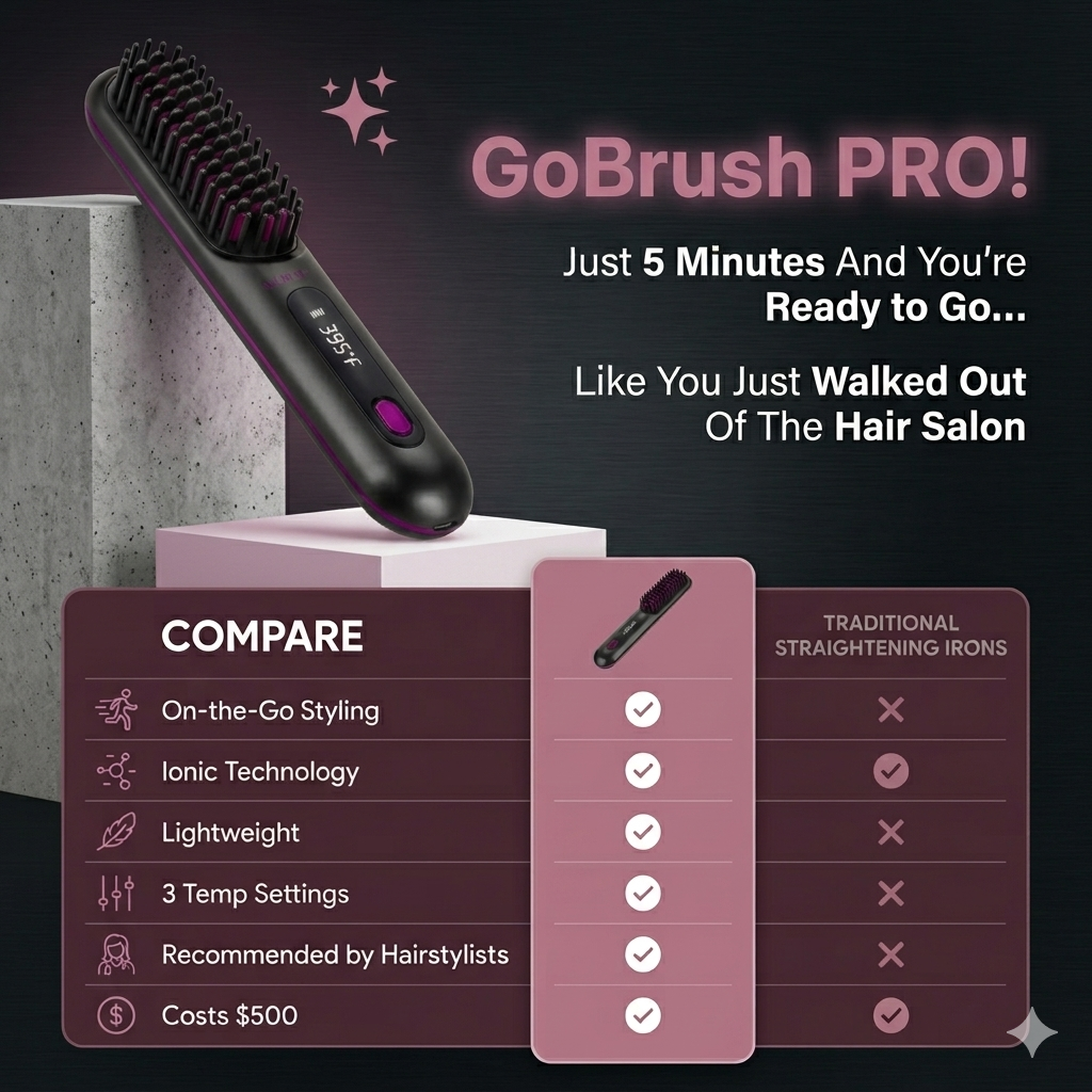 Glamiros| Go Brush Pro Portable Cordless Hair Straightener Brushs for Travel, with 30s Fast Heat, 3 Temperature Settings
